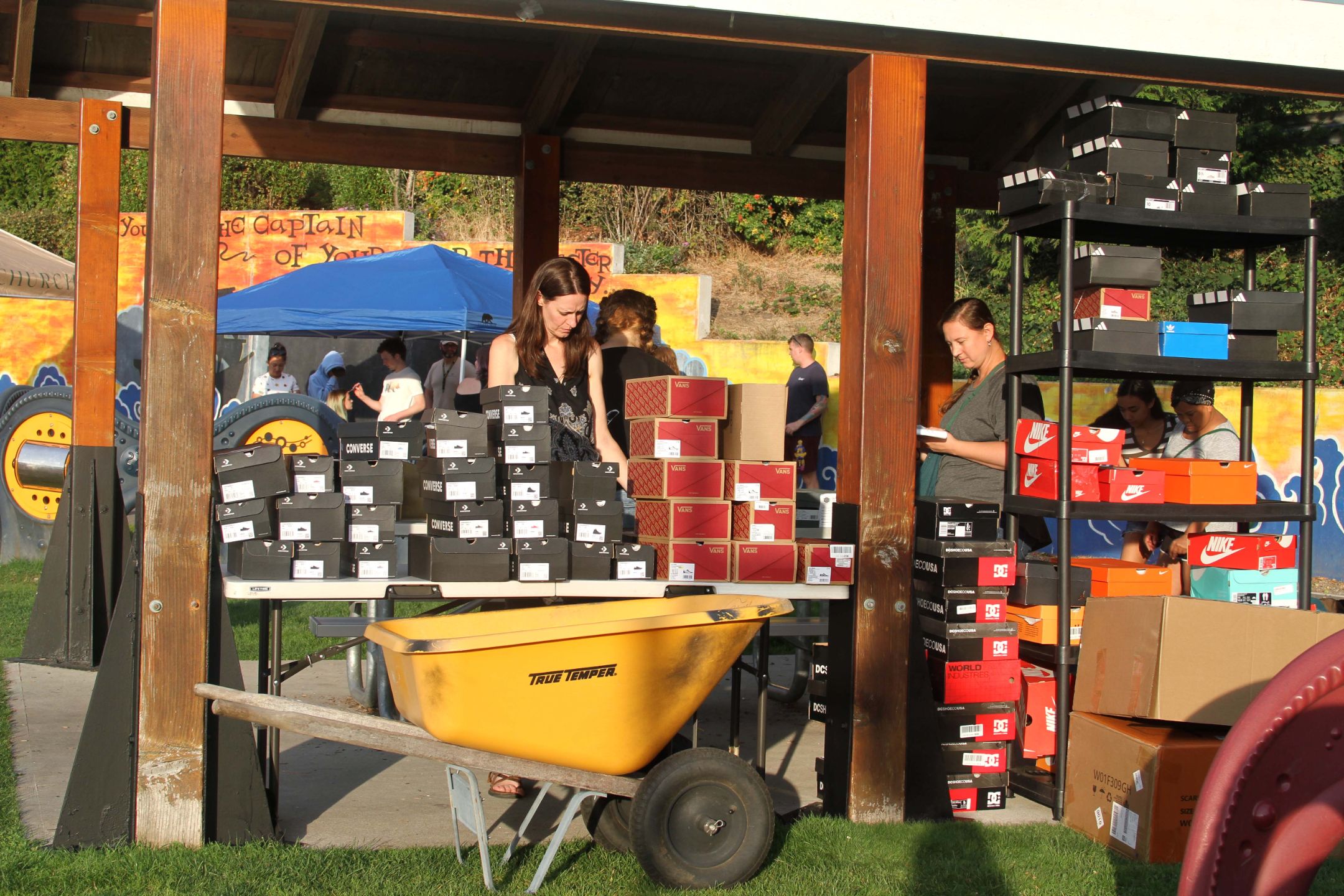 Hundreds of shoes being sorted